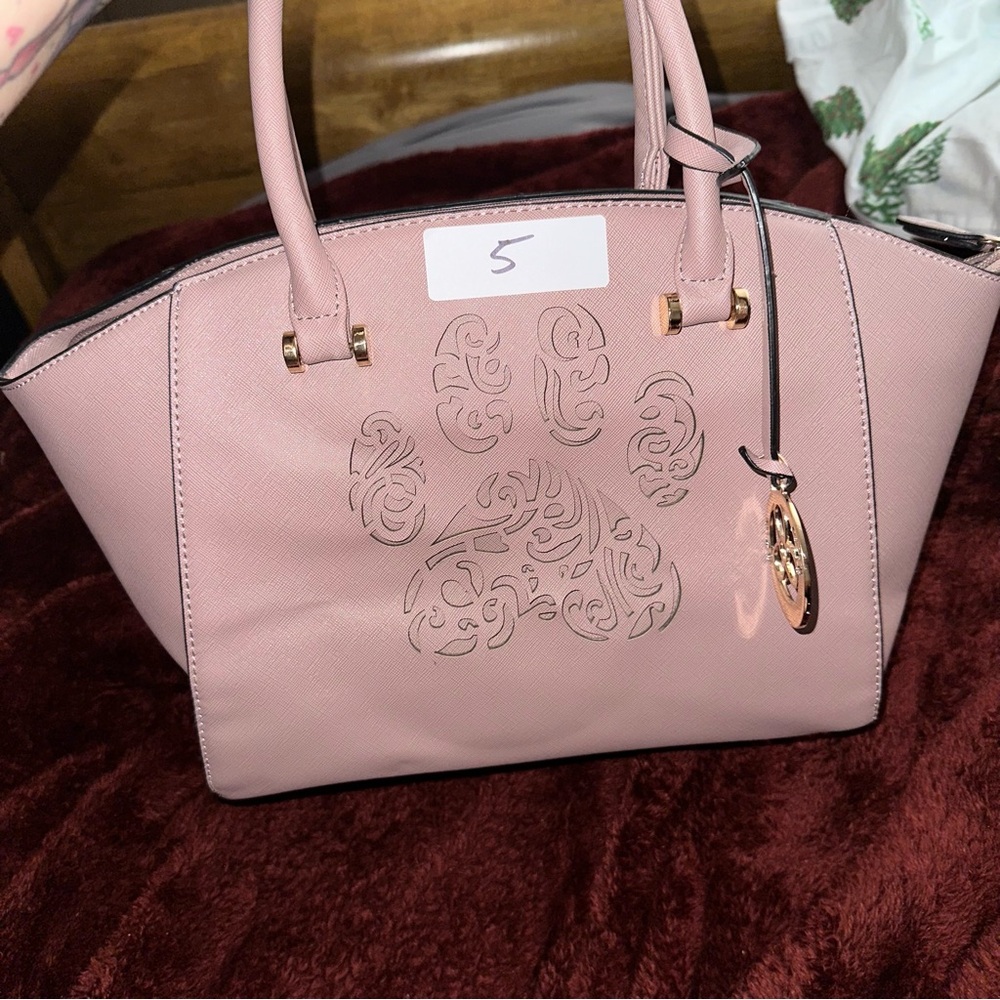 Pastel Pink Leather Satchel with Floral Embellishment